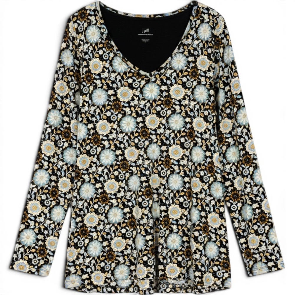 J. Jill Floral Pima Cotton V-Neck Top Womens Large Black Long Sleeve Casual Boho
